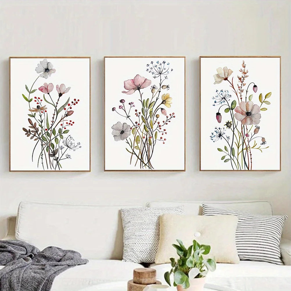 toile d'art moderne minimaliste fleurs feuilles papillons abeilles beige blanc gris vert rose marron