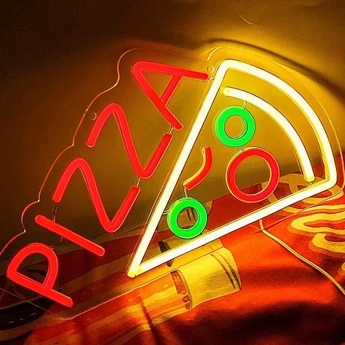 enseigne lumineuse pizza pizzaria lettres néon couleurs rouge jaune verte bleu blanc fromage fondu