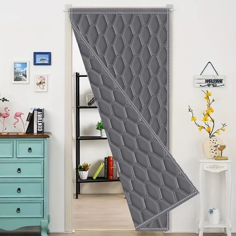 rideau porte marron gris hexagones moderne insonorisation isolation thermique fermeture magnétique crochets