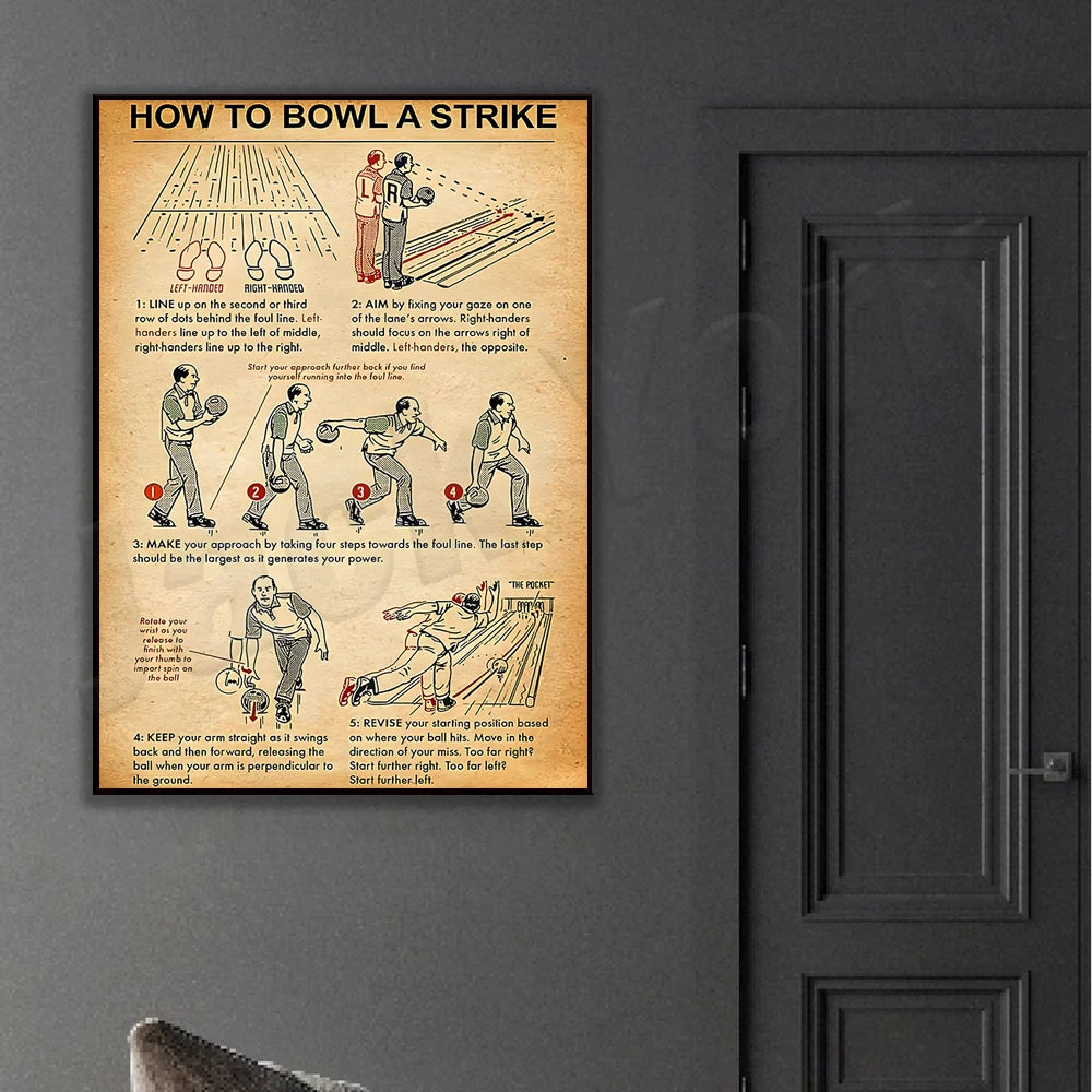 affiche bowling guide débutants illustration vintage texte explicatif toile rectangle vertical