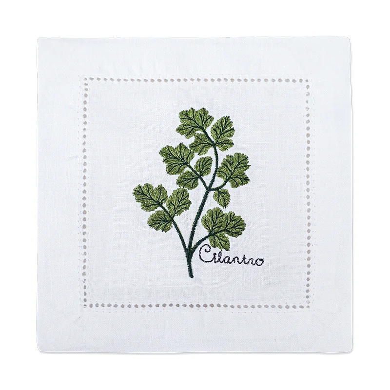 serviette cuisine lin blanc brodée motifs plantes aromatiques naturelle table élégante