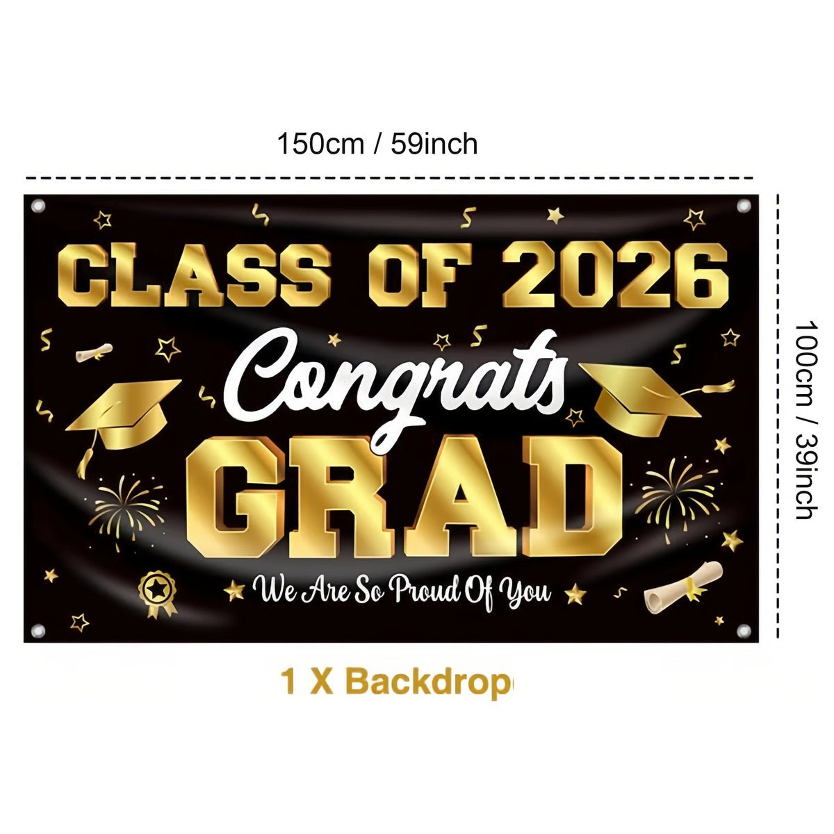 bannières graduation noir doré étoiles confettis caps moderne festives 2026 congratulations proud