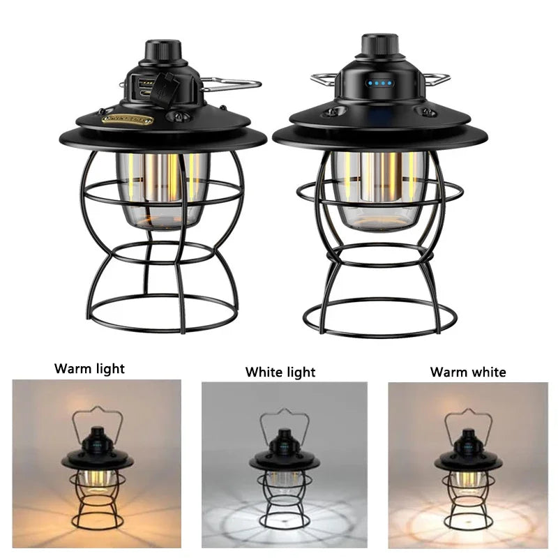 lanterne camping vintage led recharge usb portable métal noir blanc bronze