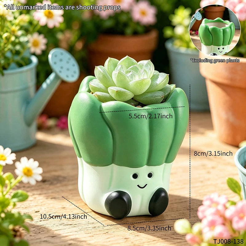 cache pot résine vert clair succulentes mignon visage souriant cactus décoration balcon