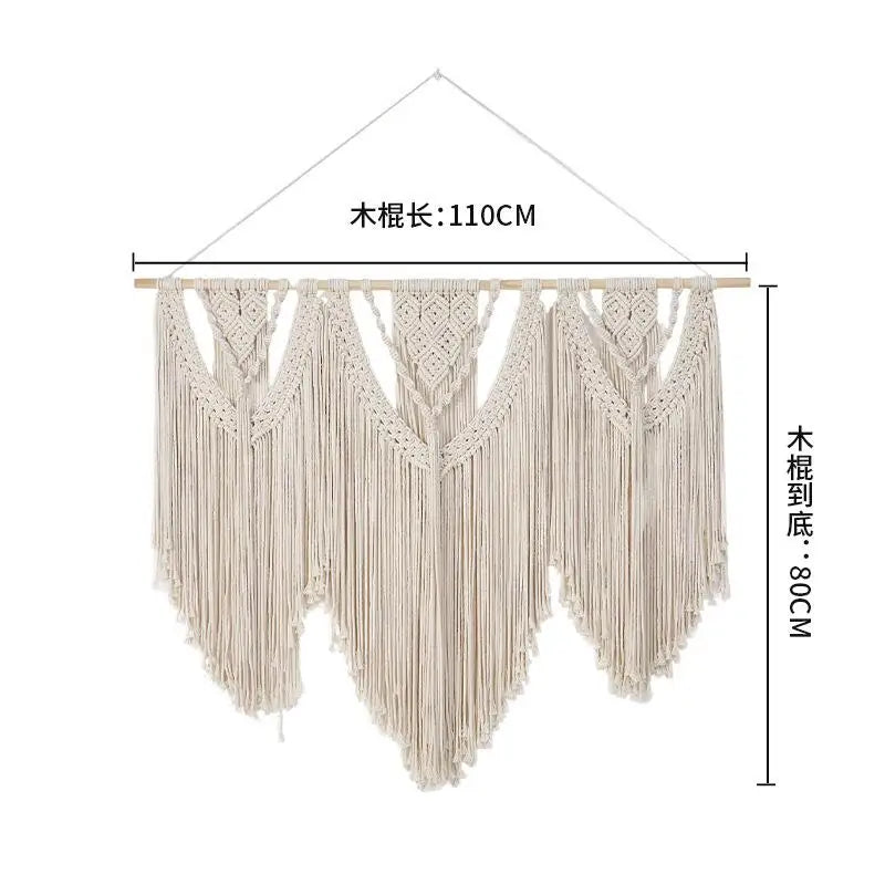 tapisserie macramé bohème franges géométriques beige clair mur décoration artisanal coton lavage main