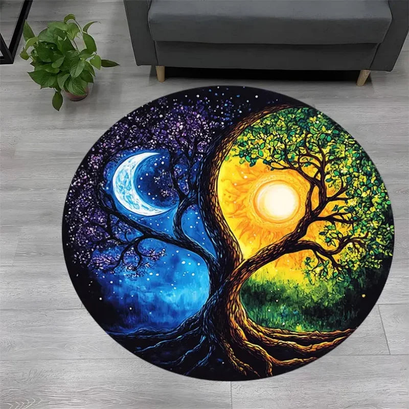 tapis rond arbre vie yin yang moderne bleu vert décoration chambre salon anti dérapant