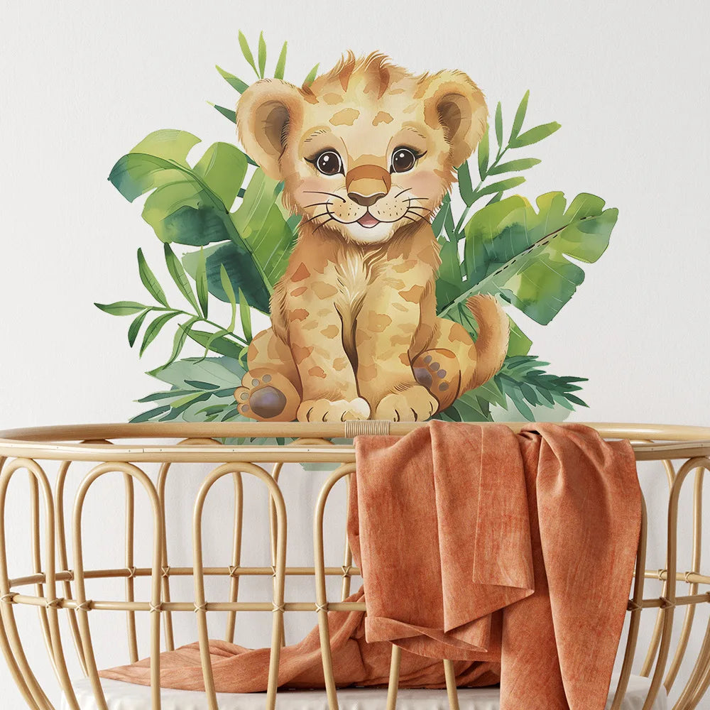 sticker mural lionceau illustration orange feuilles adhésif chambre enfants animal dessin animé pvc