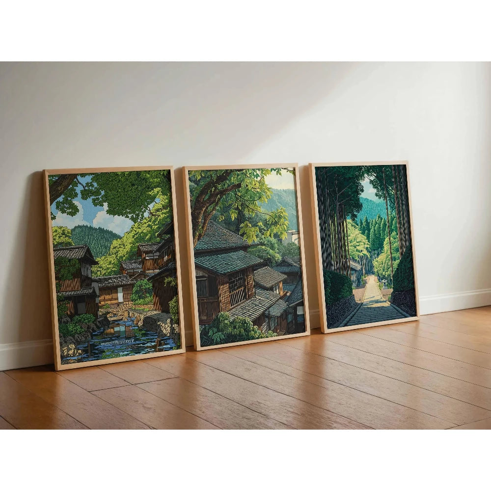toile d'art paysage urbain traditionnel arbres maison route vert bleu brun beige sans cadre