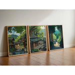 toile d'art paysage urbain traditionnel arbres maison route vert bleu brun beige sans cadre