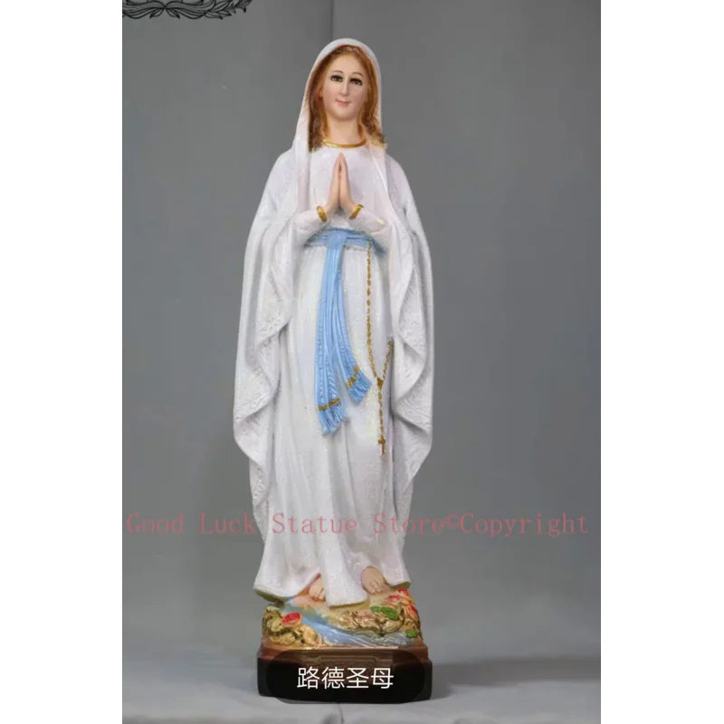 statue vierge marie résine blanche bleu clair religieux pieds nus base bois inscritchine