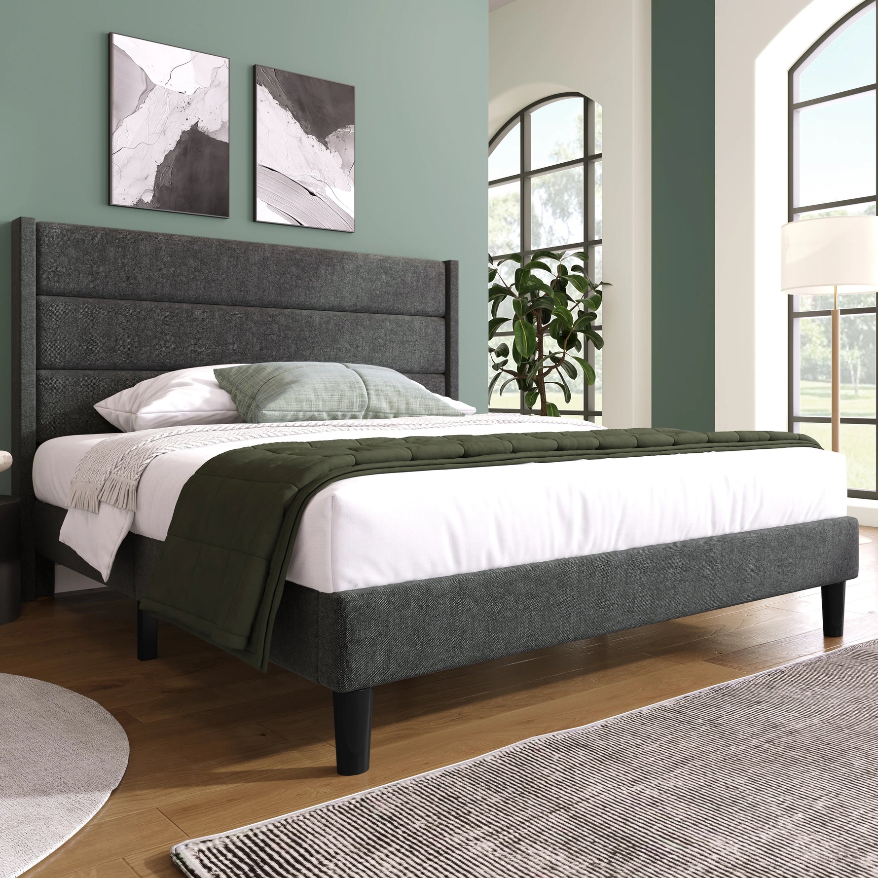 Lit double 140x200 cm avec tête de lit design en tissu lin gris foncé