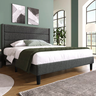 Lit double rembourré 140x200 cm avec tête de lit design en tissu lin gris foncé