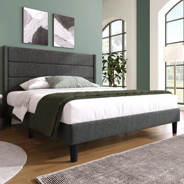 Lit double 140x200 cm avec tête de lit design en tissu lin gris foncé
