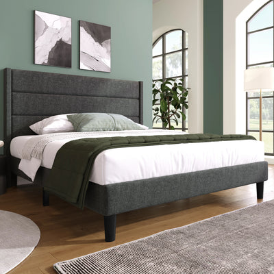 Lit double 140x200 cm avec tête de lit design en tissu lin gris foncé