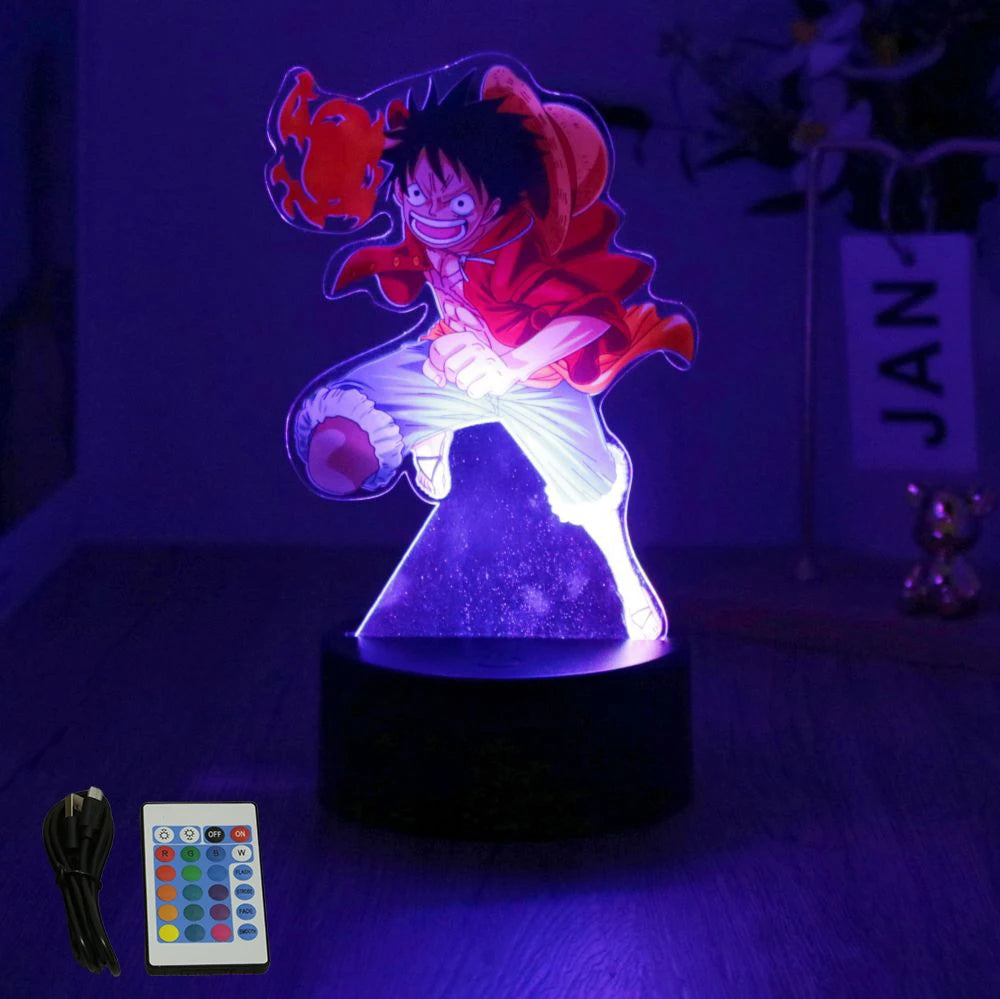 lampe led 3d anime luffy zorro cracked surface télécommande câble usb nocturne rouge vert