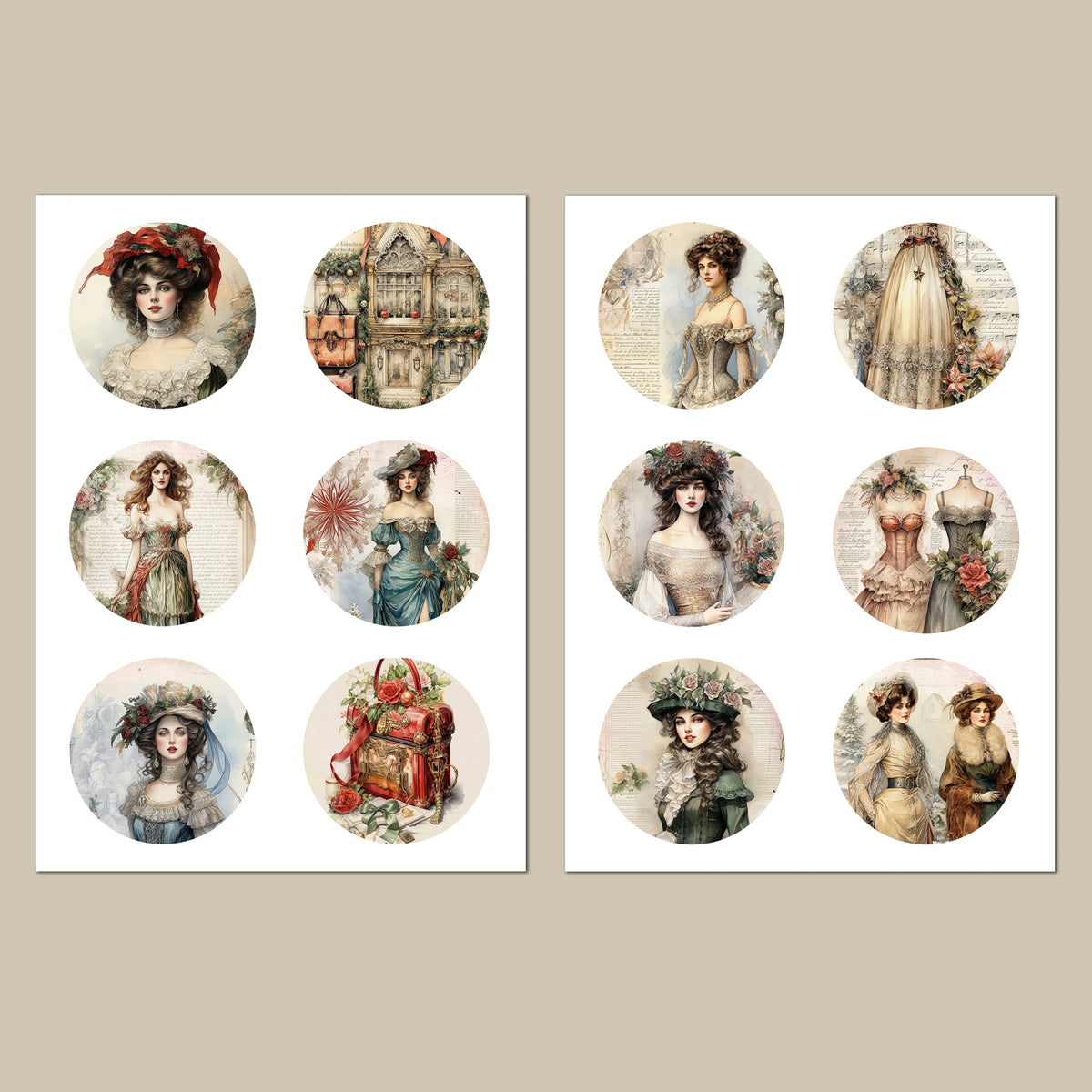 médailles vintage romantique fleurs vêtements historiques accessoires scènes urbaines beige noir rouge bleu vert