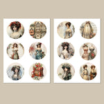 médailles vintage romantique fleurs vêtements historiques accessoires scènes urbaines beige noir rouge bleu vert