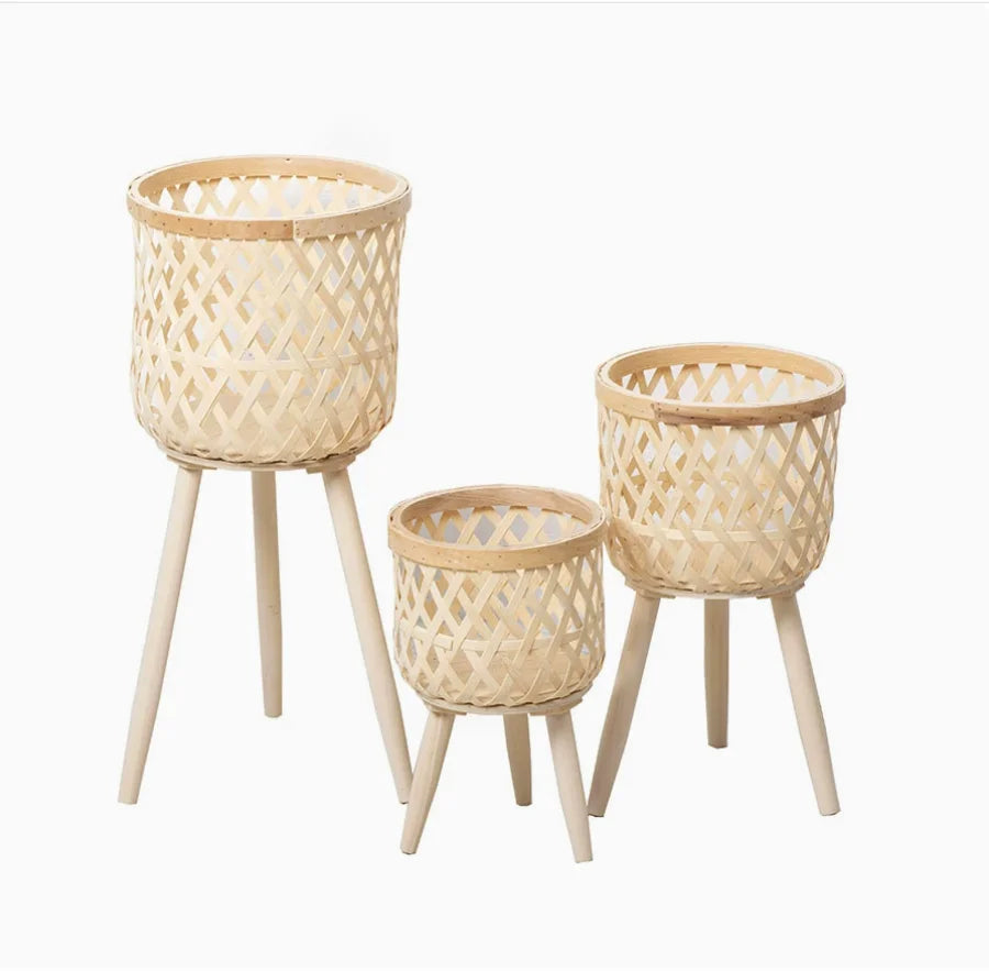 paniers pieds tissage géométrique naturel moderne minimaliste pot fleurs boises hand