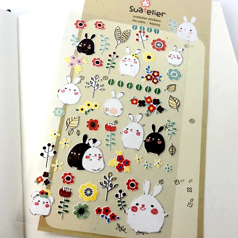sticker lapin mignon fleurs motifs géométriques scrapbooking diy junk journal blanc noir rose vert
