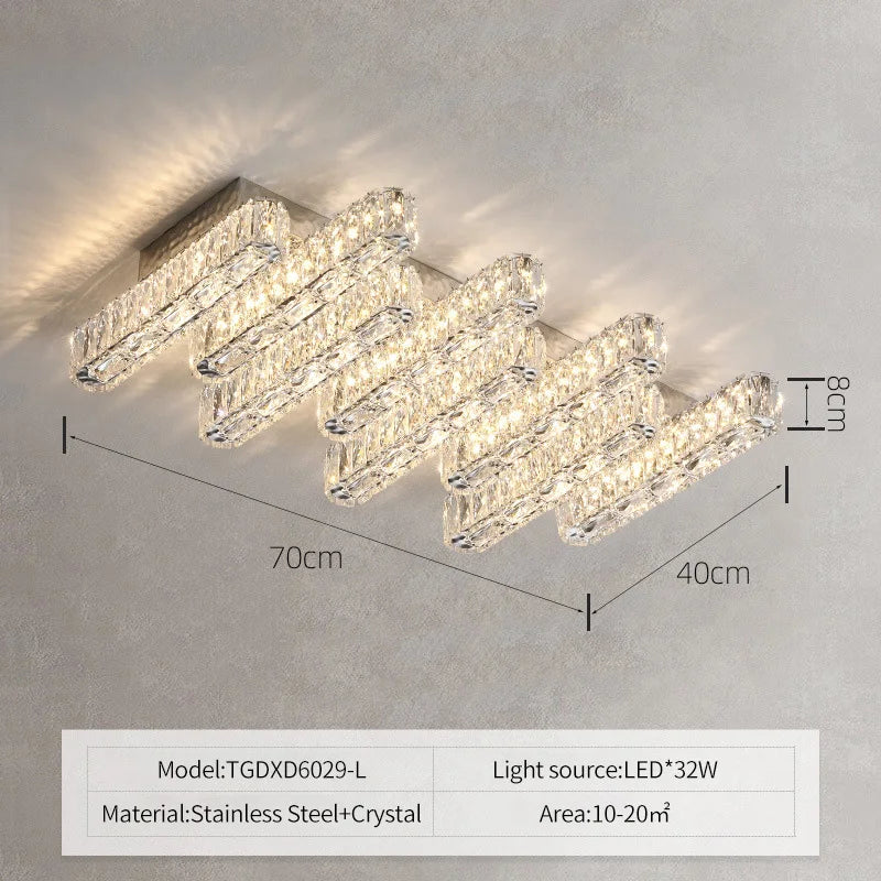 Lampe suspension cristal transparente argentée moderne tringle acier inoxydable led dimmable 10 15m²