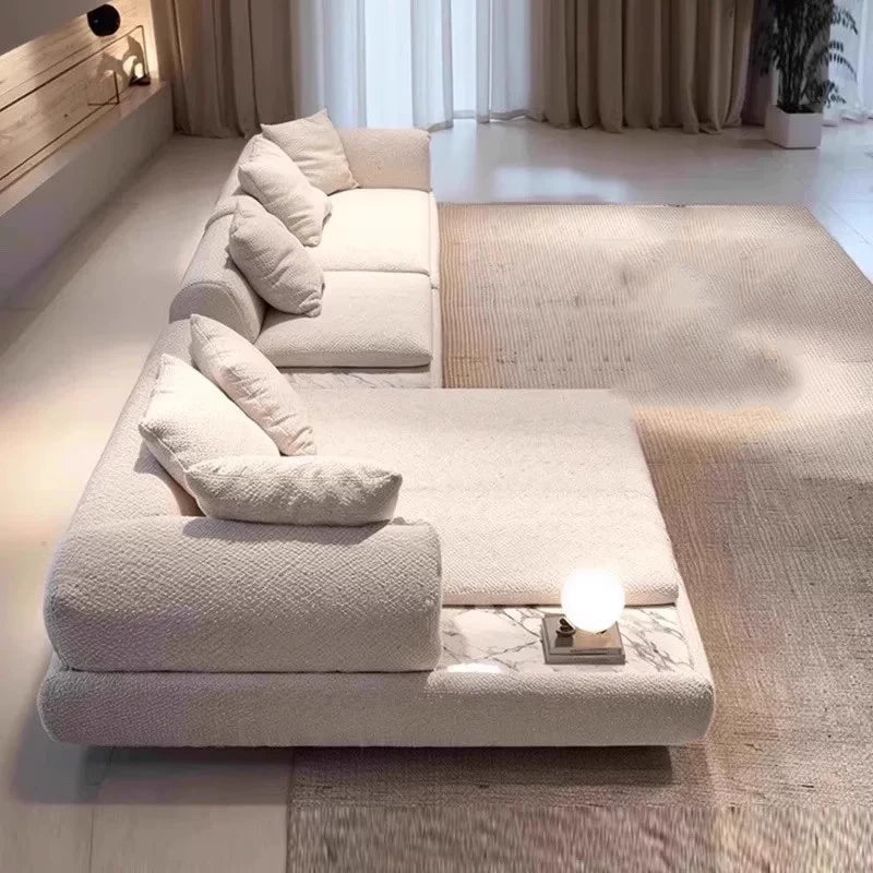 canapé d'angle moderne beige texture bouclée adhésif salon bois éponge scandinave maroc