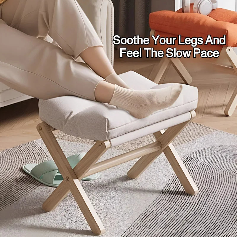 tabouret pliable bois naturel coussin amovible moderne minimaliste tissu uni couleur beige orange