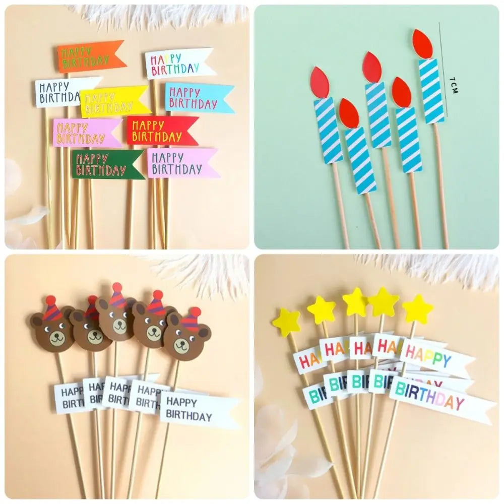 décorations gâteau happy birthday multicolore nounours chapeau banderoles géométriques festives piquées bois