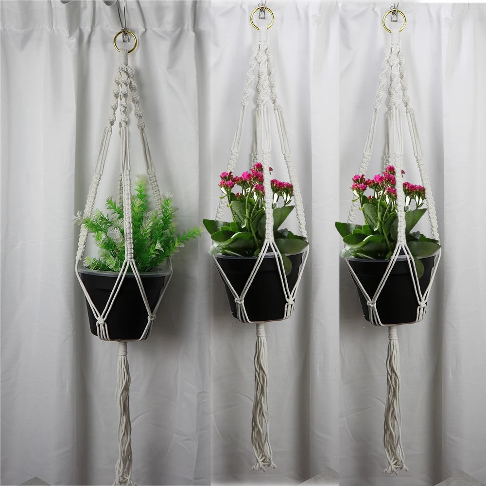 support plante suspendue macramé blanc fait main décoration jardin intérieur boho corde coton