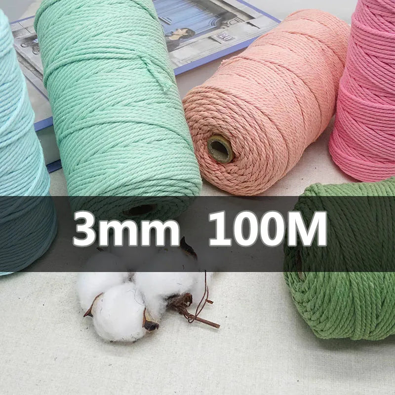 corde macramé coton 100m 3mm texturée artisanale verte rose jaune bleu clair craft deco