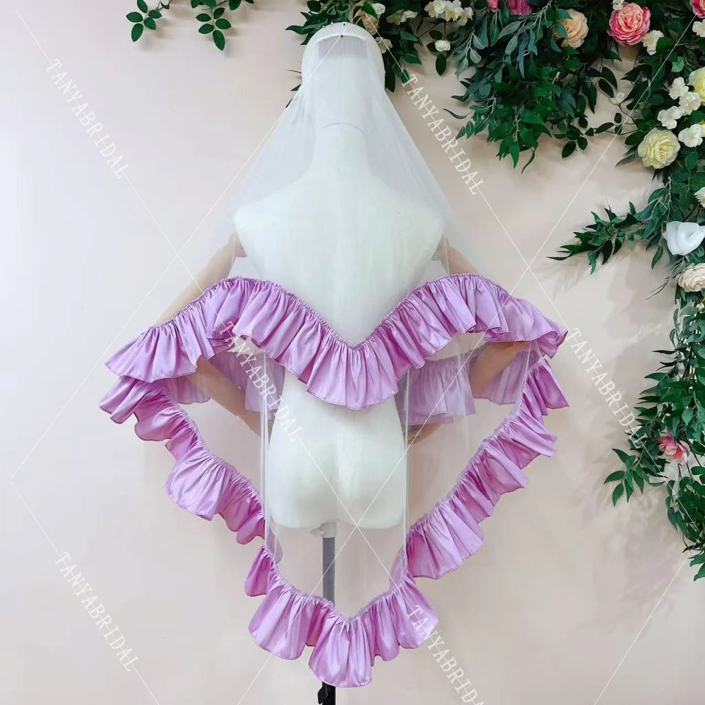 voile mariée blanc rose violet classique élégant volants polyester deux couches translucide