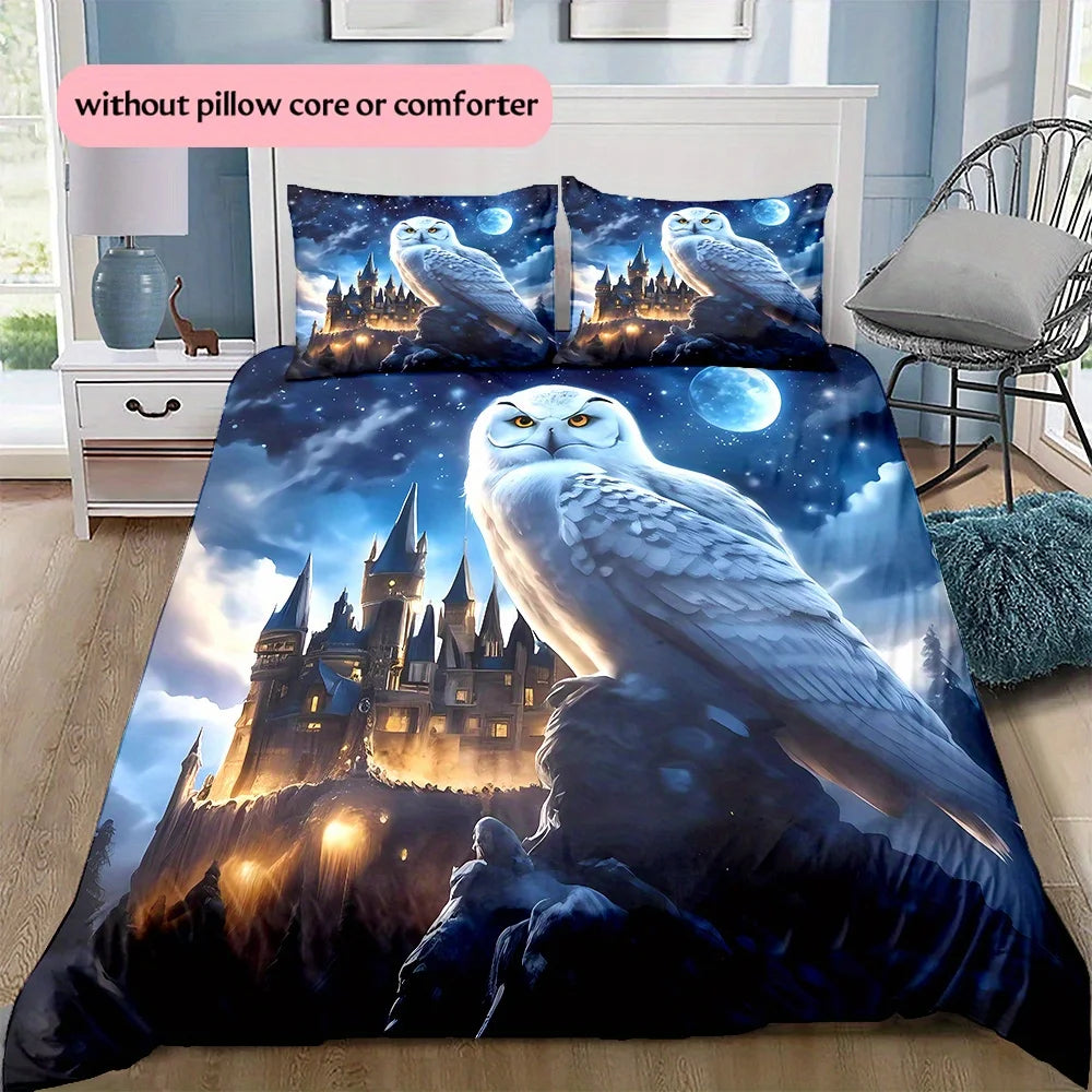 parure lit château hibou nuit bleue oreillers taies doreille ciel étoilé fantastique coloré blanc