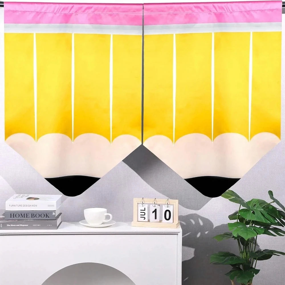 rideaux polyester crayon motif anniversaire retour école moderne enfantin jaune rose blanc