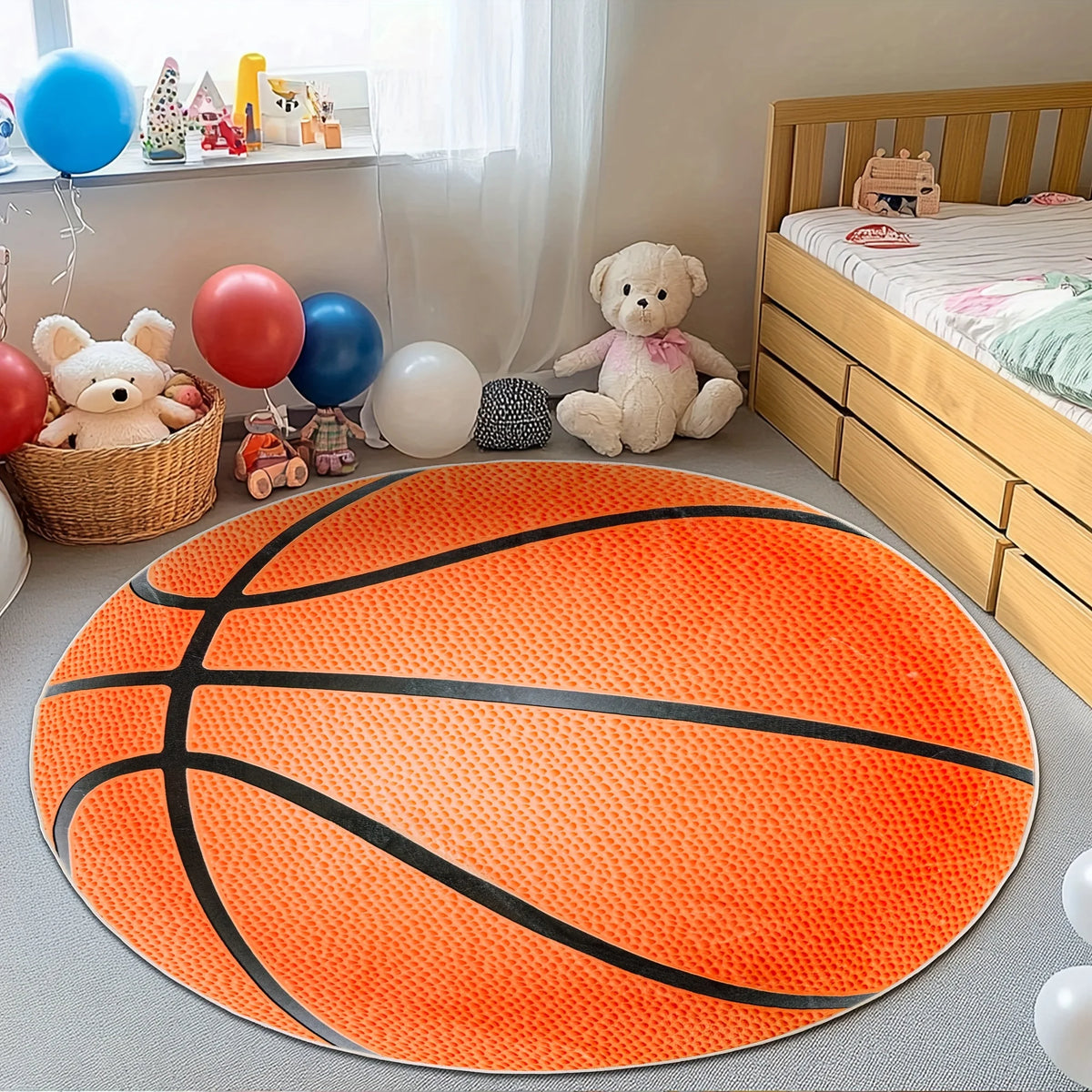 tapis rond motif ballons sportifs floral enfant orange noir blanc rouge vert