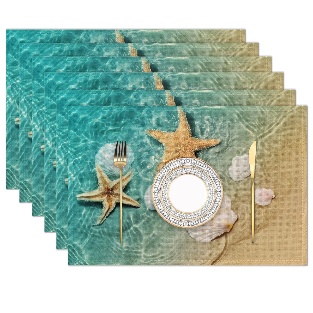 set dessous plat rectangulaires lin motif marin étoiles mer bleu beige