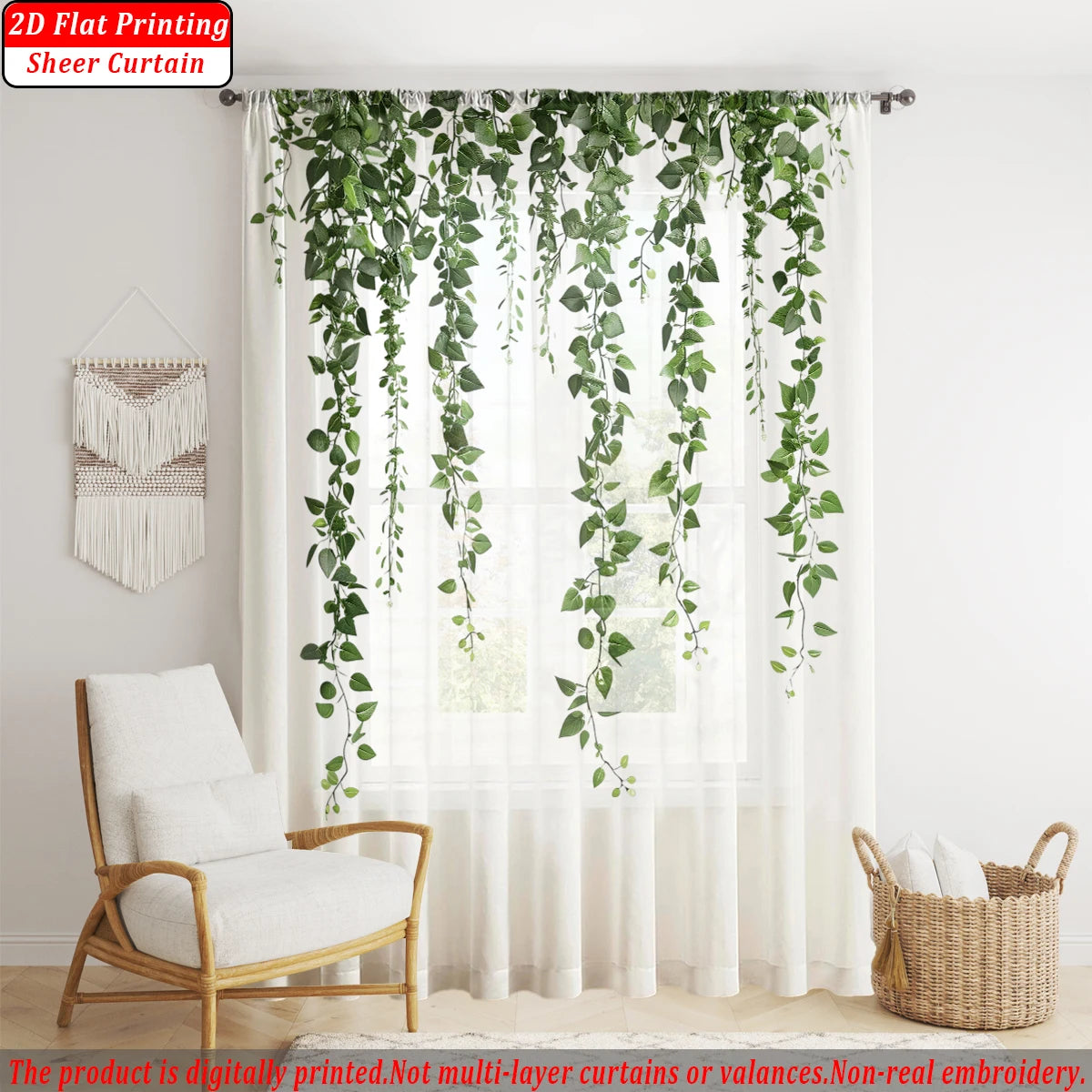 rideau fin imprimé lierre vert transparent bohème salon chambre maison tringle métallique