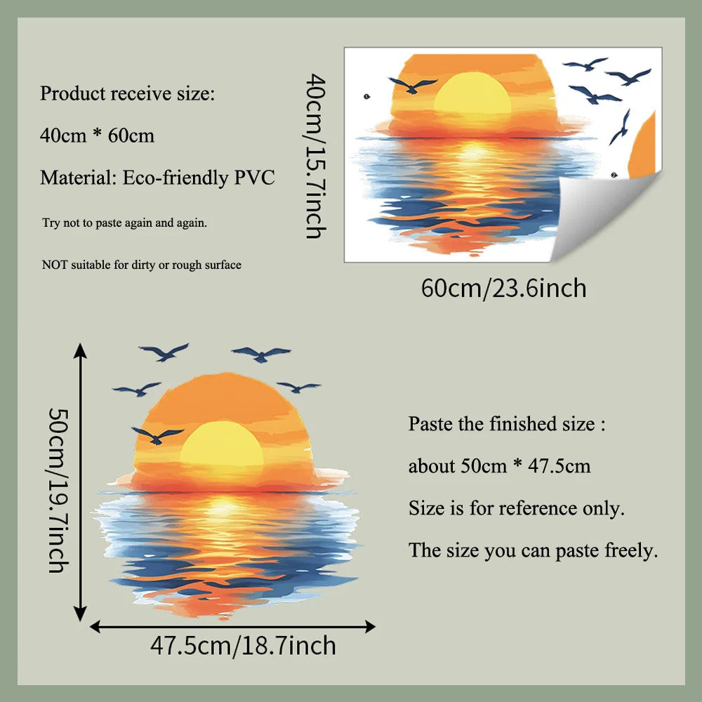autocollant mural paysage marin coucher soleil oiseaux volants moderne salon chambre coucher résistant l'eau