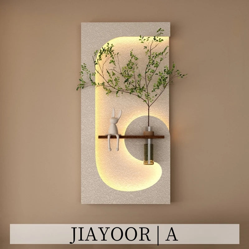 tableau mural moderne lampe led plante verte motif abstrait bois couleur beige vert marron