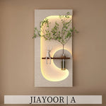 tableau mural moderne lampe led plante verte motif abstrait bois couleur beige vert marron