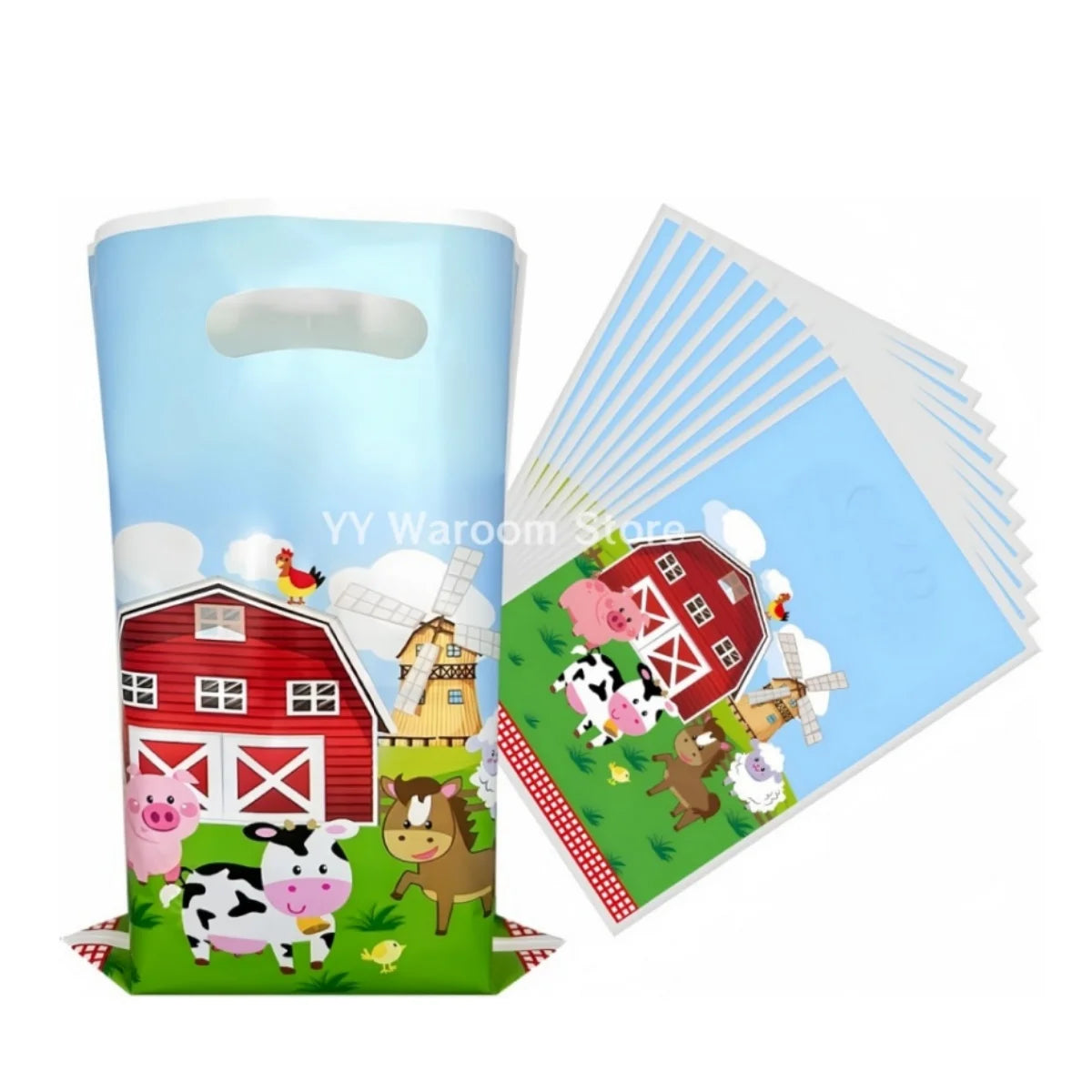 sacs main illustration animaux ferme bleu clair rouge vert blanc rose jaune dessin animé