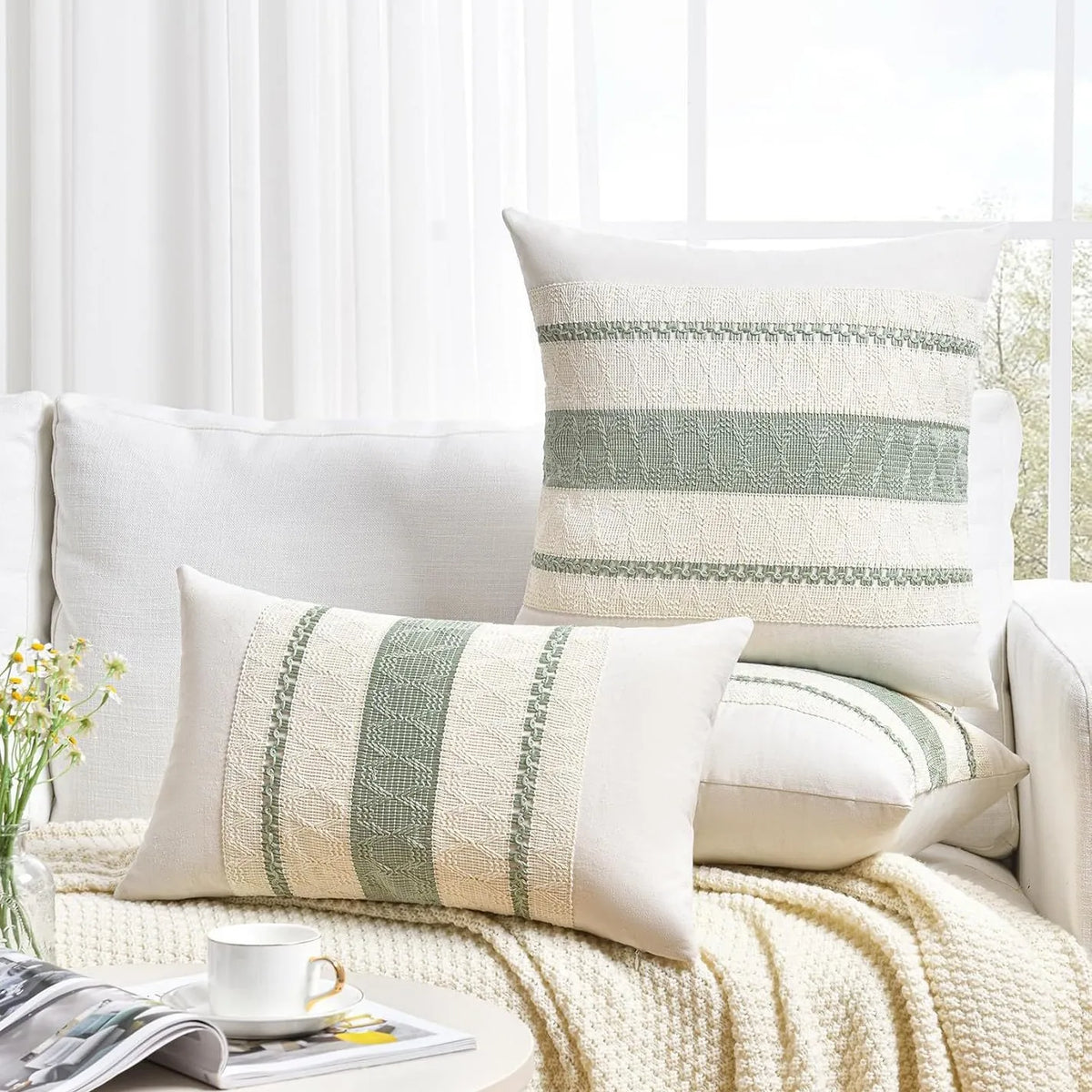 taies d'oreiller boho rayures horizontales beige bleu marine coussins lit non toxiques