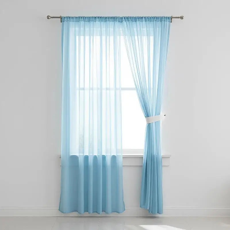 rideau voilage bleu clair plissé moderne tringle fenêtre décoration chambre salon transparent nylon