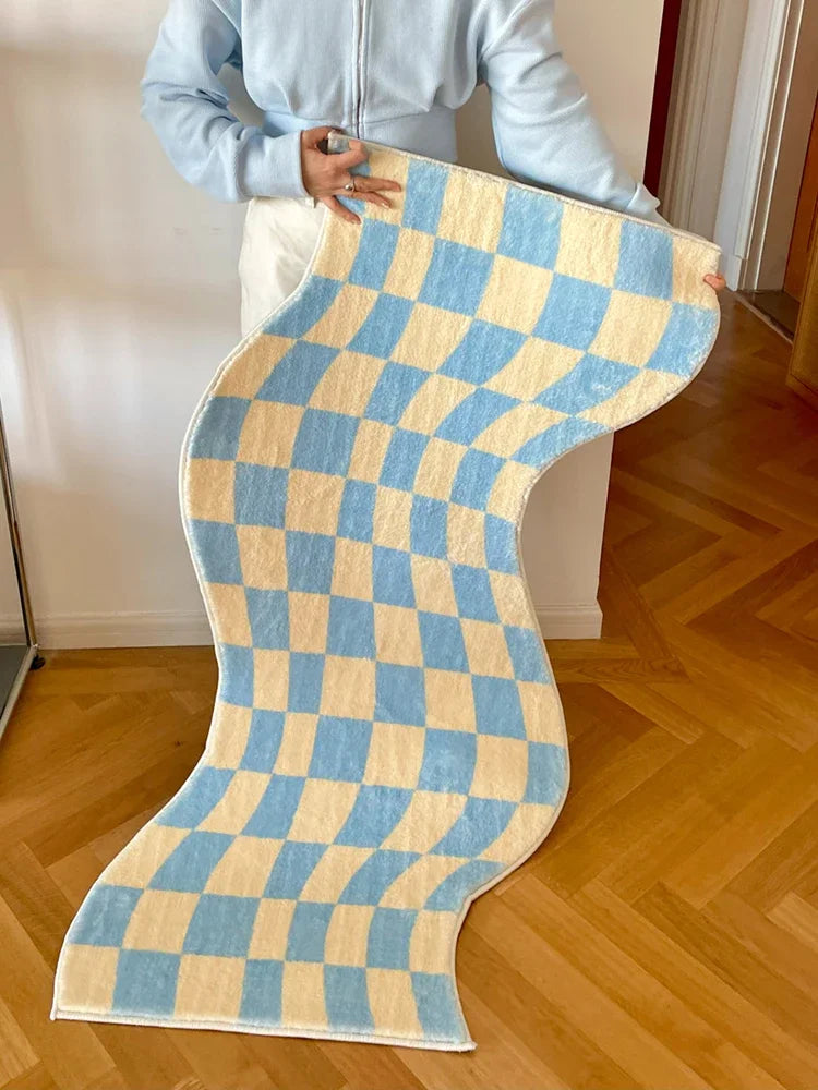 tapis ondulé checkerboard contemporain rose bleu duveteux antidérapant extérieur chambre