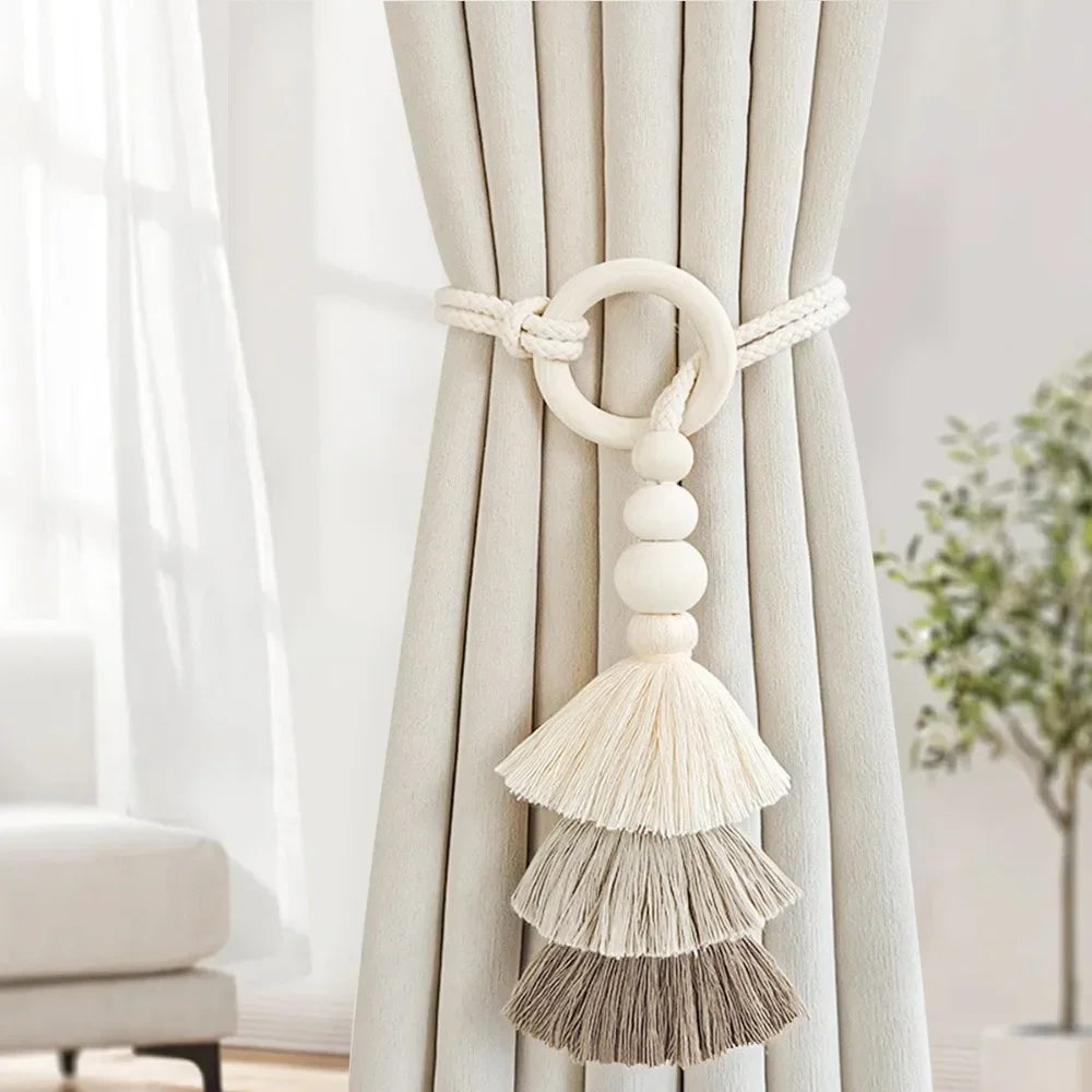 accessoires rideaux bohèmes tressés frangés anneaux bois brut fixations cordes attache rideau