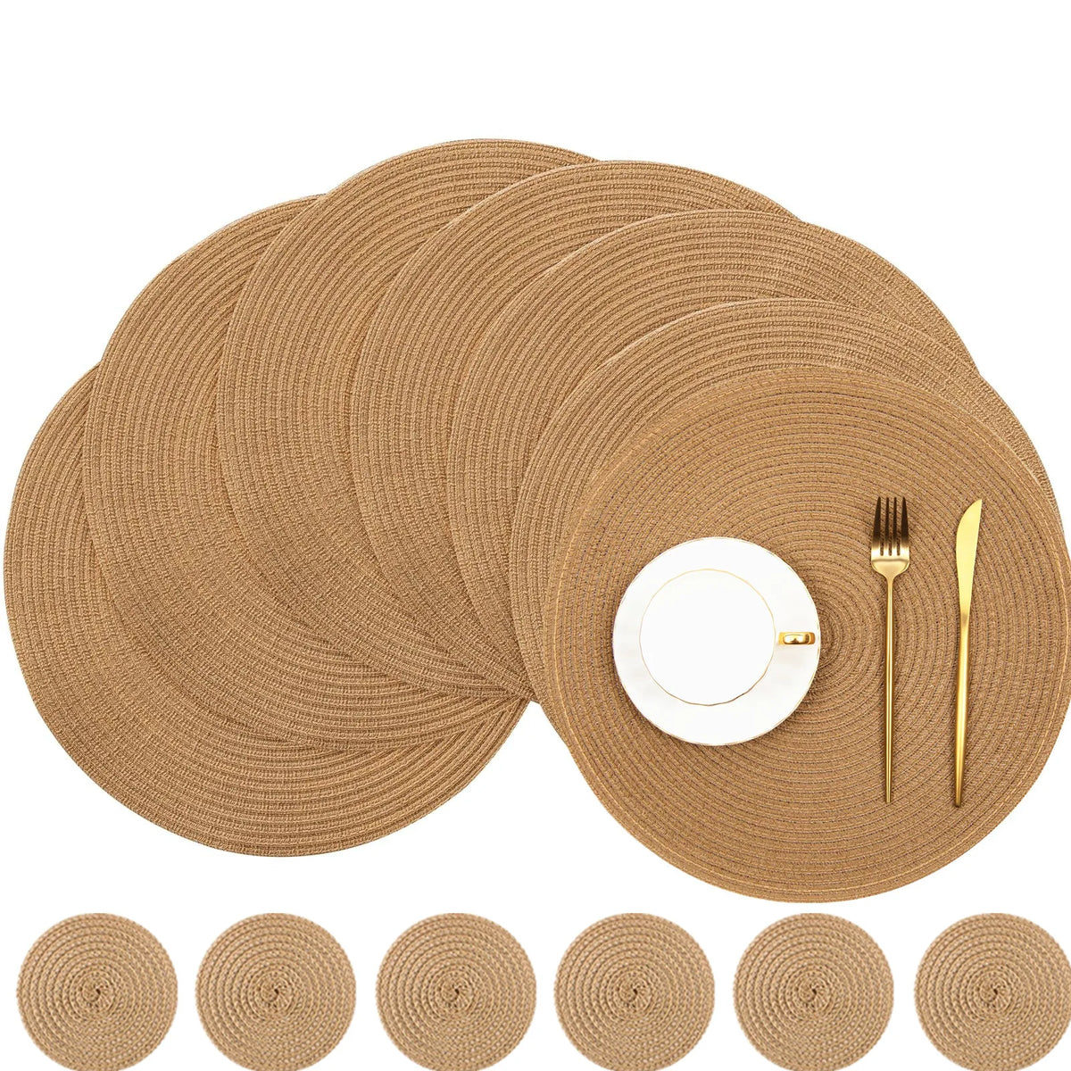 tapis table classique tissage rond marron clair respectueux environnement 34cm diamètre assiette fourchette couteau