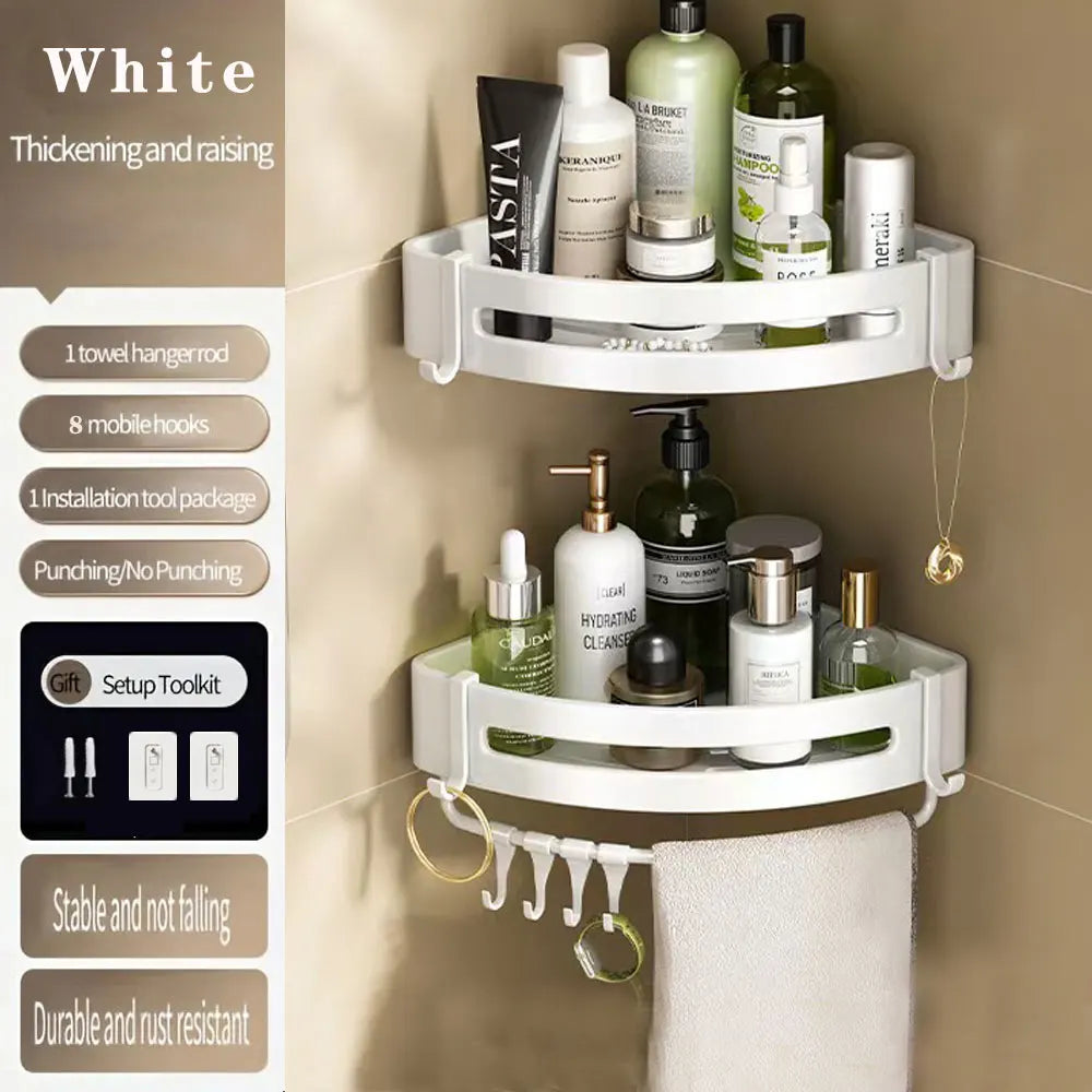 étagère murale triangulaire salle bain gris métal crochets rangement douche moderne autocollante
