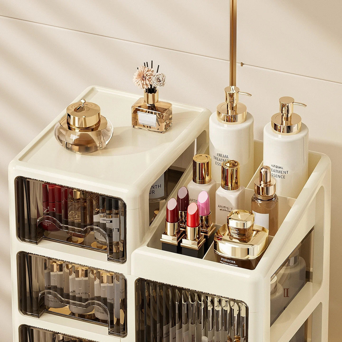 boîte rangement cosmétiques tiroirs compartiments moderne beige clair pliables PP haute qualité étagères bijoux