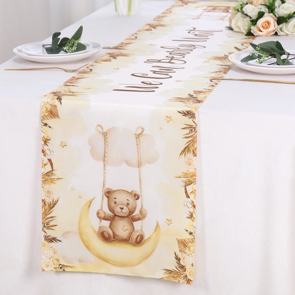 nappe table dessin animé nounours ballons lunes étoiles nuages anniversaire enfant beige marron blanc