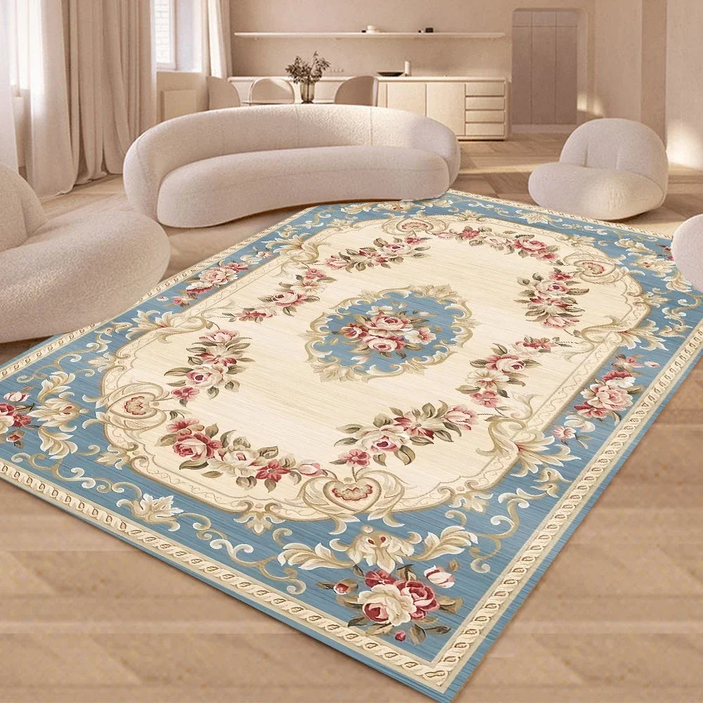 tapis salon vintage motif fleurs baroque bleu beige rouge classique décor intérieur maison luxe