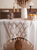 nappe brodée lin polyester rectangle motifs géométriques franges bohème rustiqueextérieur mariage fête crème marron