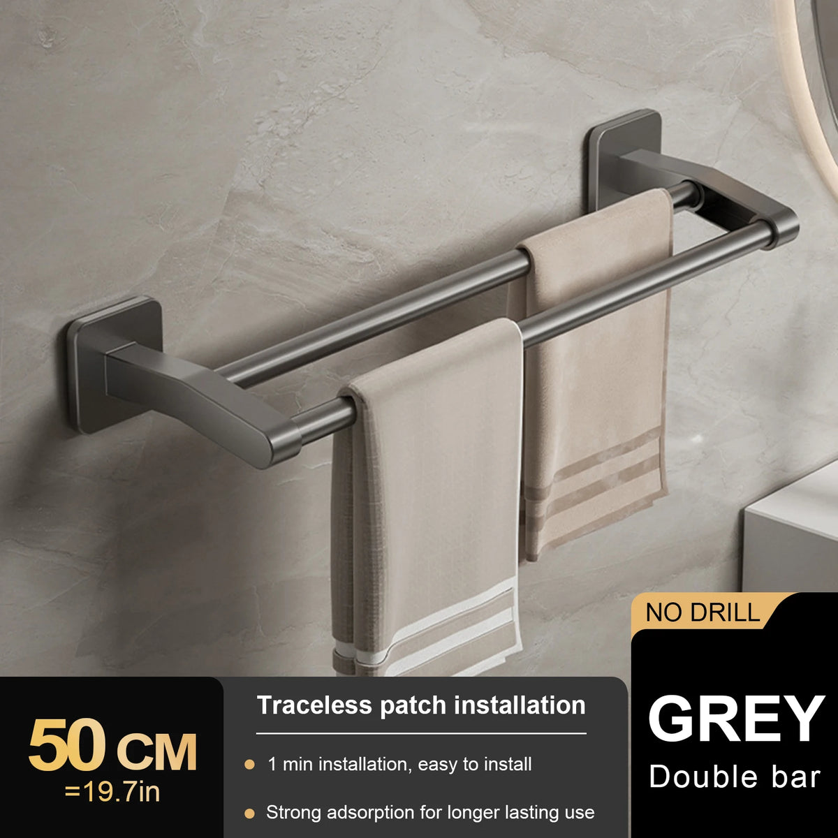 porte serviettes mural gris lisse double barre 30 40 50cm moderne minimaliste fixations murales